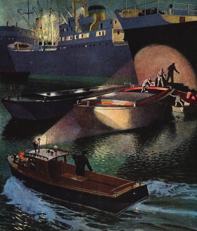 Police fluviale de Londres en action, années 1960 - English School